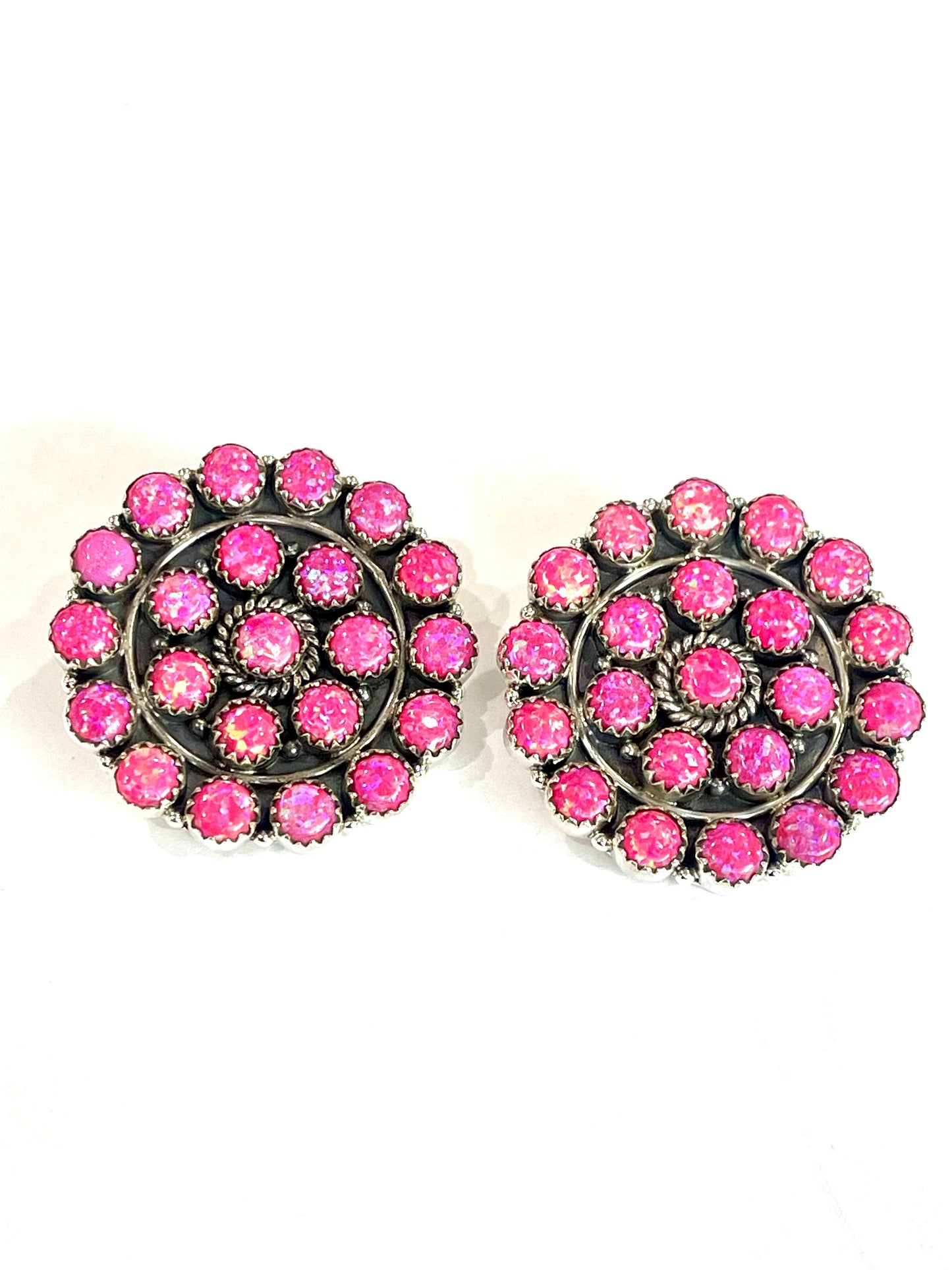 Handmade Sterling Silver & Hot Pink Fire Opal Post Earrings Signed Nizhoni