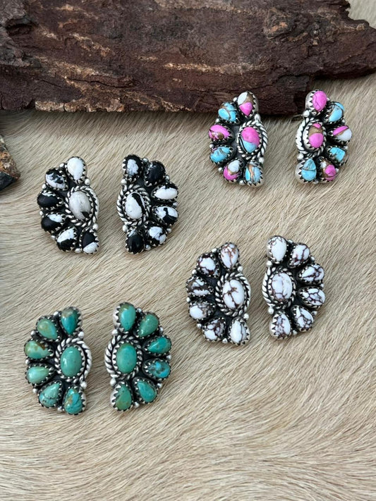 Handmade Sterling Silver Multi Stone Studs Earrings "Signed Nizhoni"