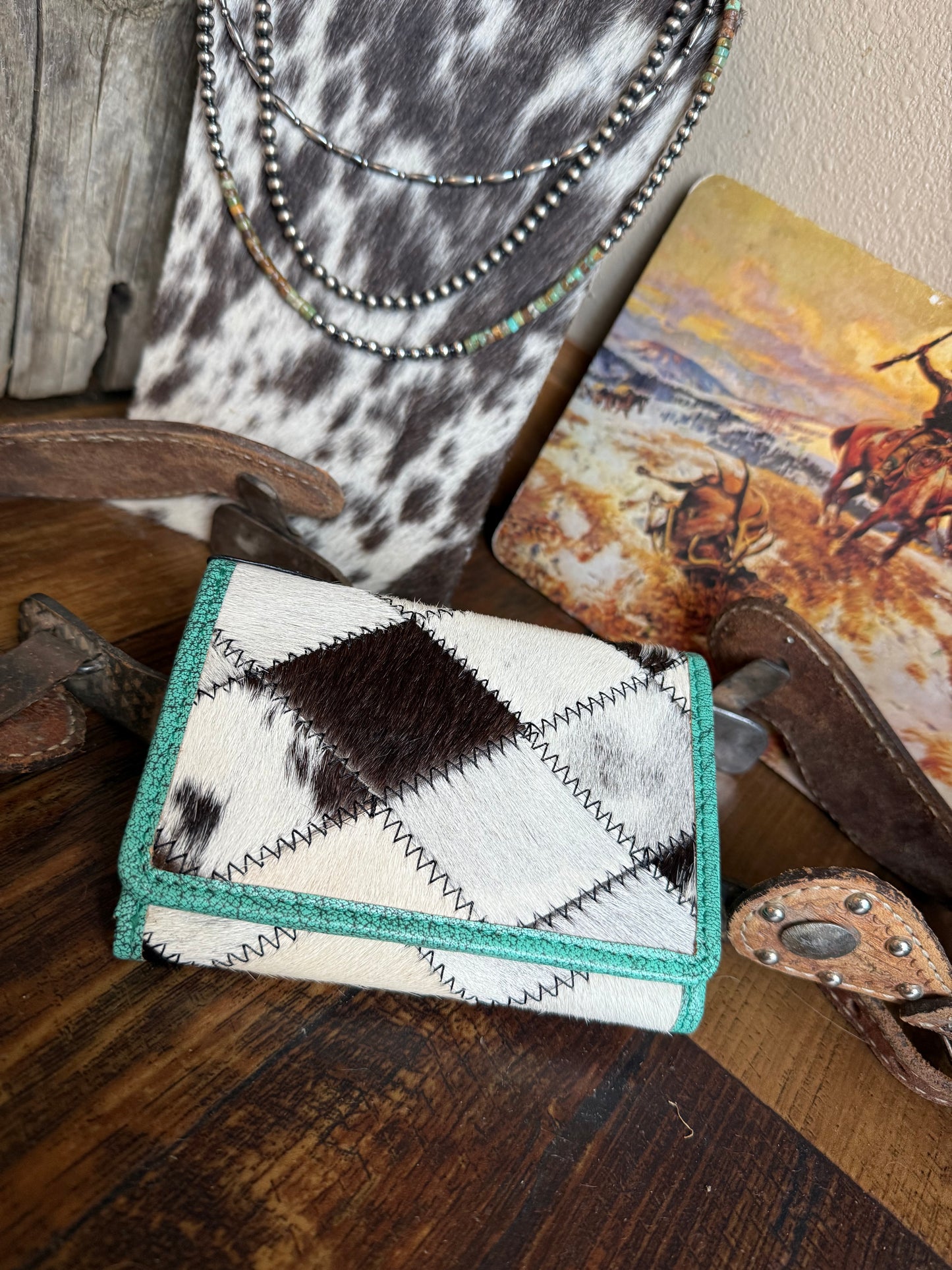 Turquoise tri fold patch wallet