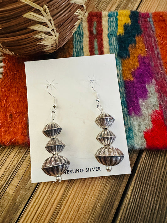 Hand Stamped Sterling Silver Beaded Dangle Earrings